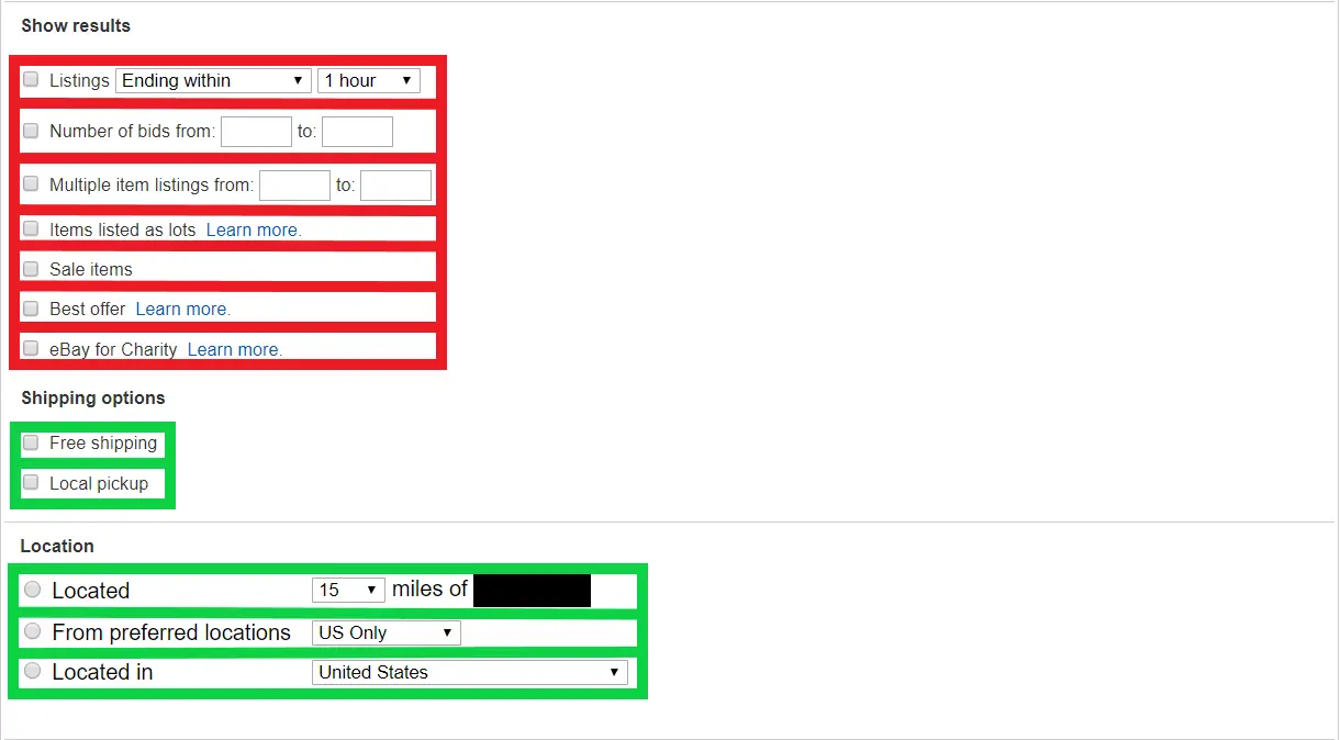 Vollständige Liste der Filter der erweiterten eBay-Suche inklusive verkauft, beendet und Preisvorschlag
