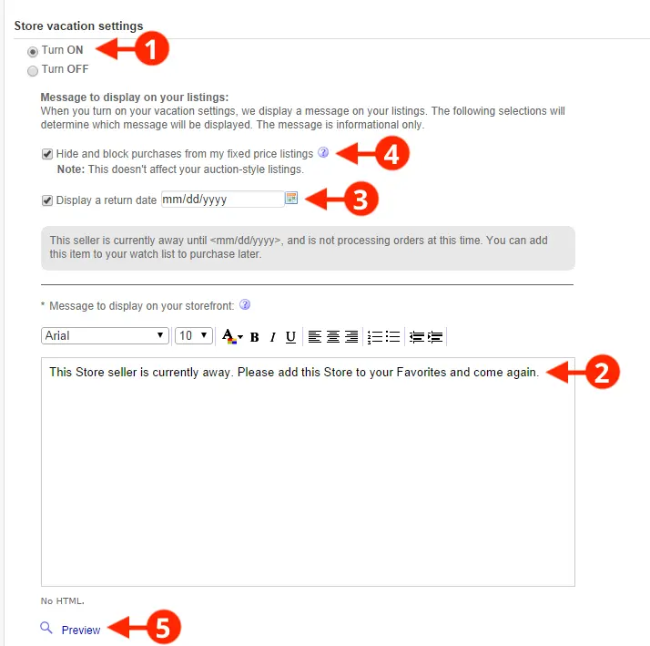 eBay Abwesenheitseinstellungen mit den Optionen Verkäufe pausieren oder zulassen und einem Rückkehrdatum