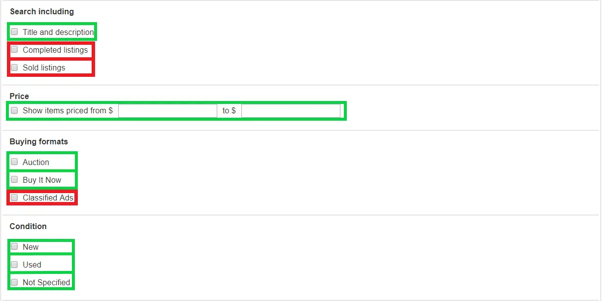 Filter der erweiterten eBay-Suche für Zustand und Angebotsformat