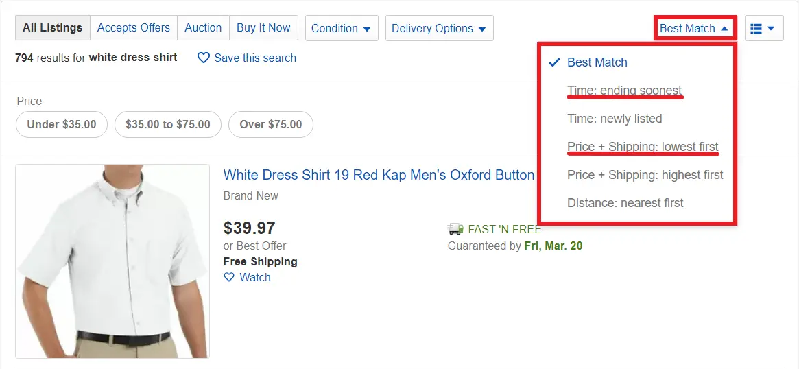 eBay sort dropdown open showing Time ending soonest and Price plus Shipping lowest first