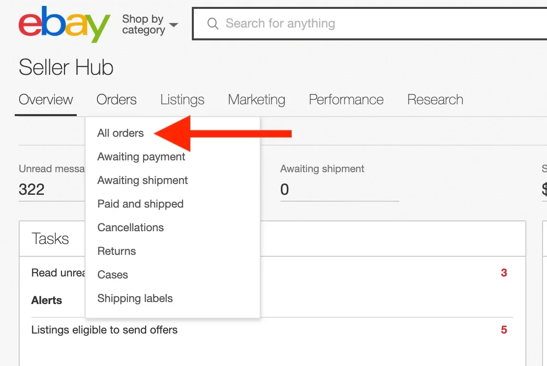 The Orders section in eBay Seller Hub with the All Orders filter selected