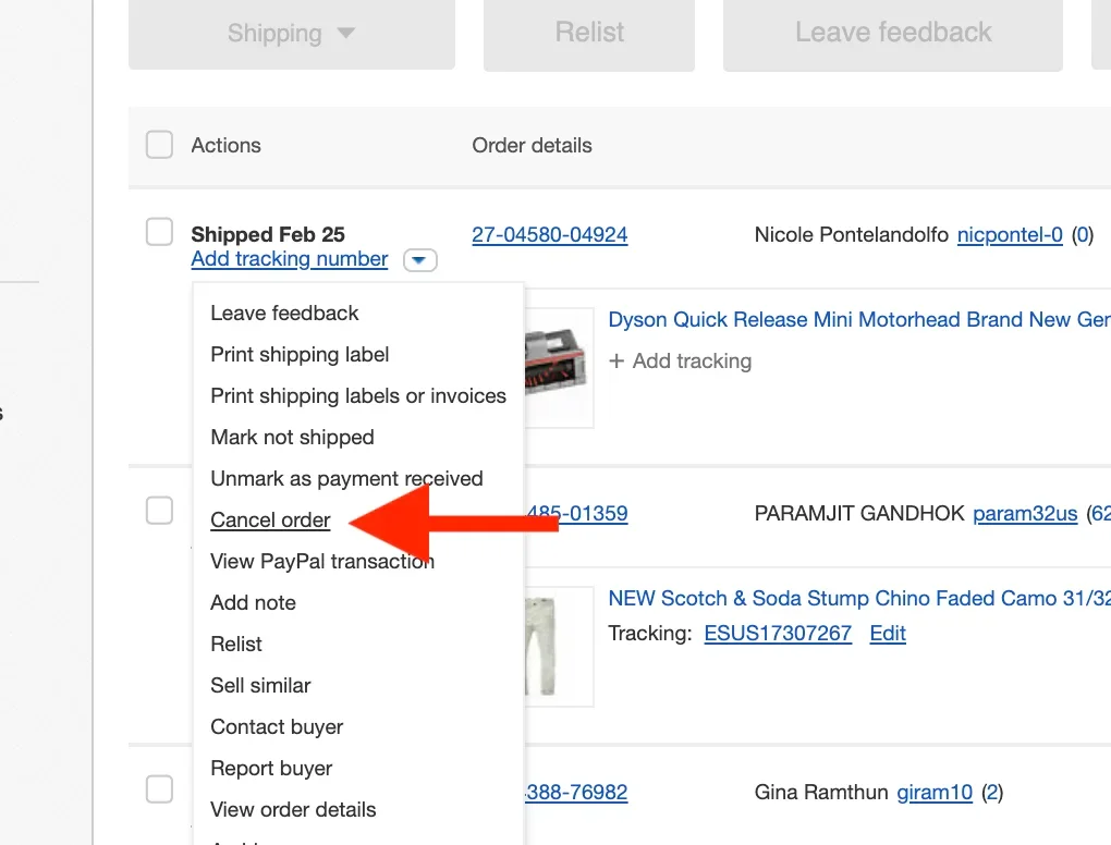 eBay order action dropdown menu with the Cancel order option highlighted