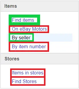 Linkes Menü der erweiterten eBay-Suche mit Artikel finden, Nach Verkäufer, Artikelnummer und Shops finden