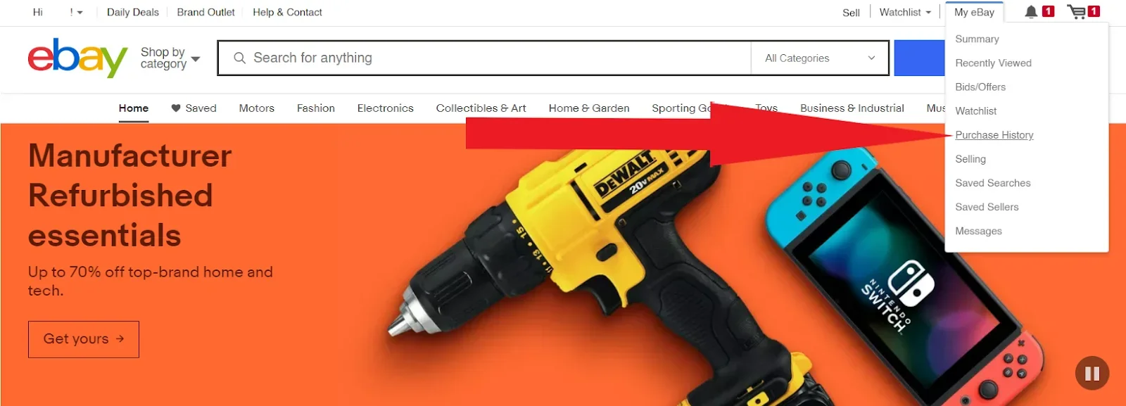 eBay homepage where a buyer signs in to start canceling a recent order