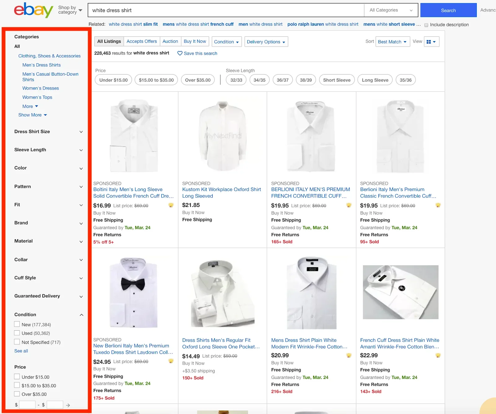 eBay left-side refine filters showing condition, price, brand and item location options