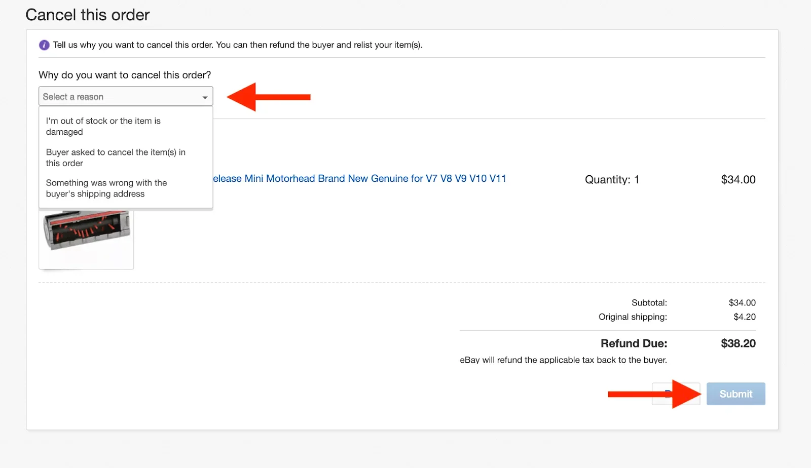 Seller initiating a cancellation on a shipped eBay order, which becomes a return