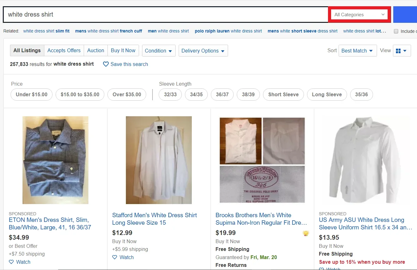 eBay search results widening after switching the category filter to All Categories