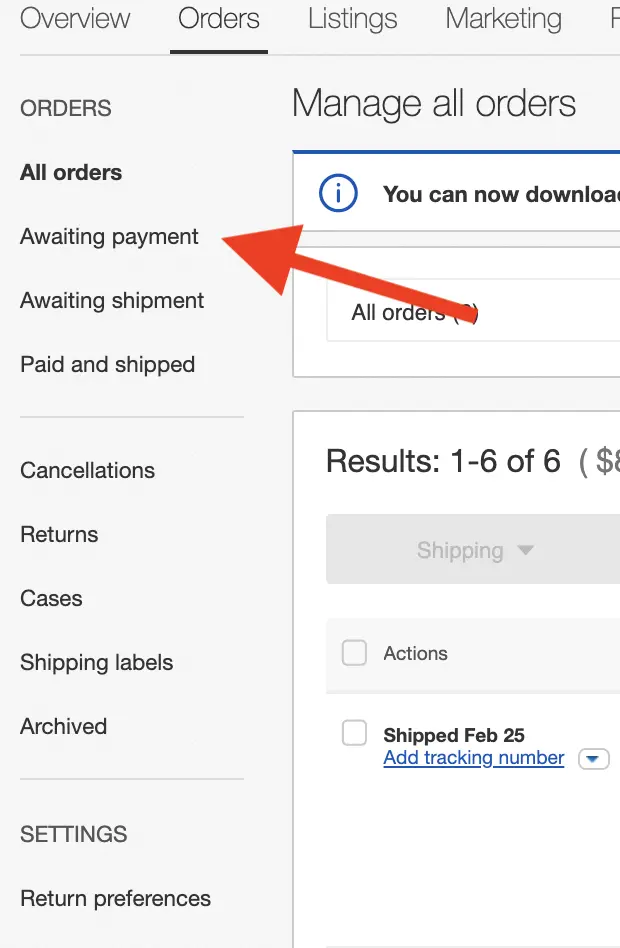 Awaiting payment filter selected under the Orders menu in eBay Seller Hub, listing unpaid orders