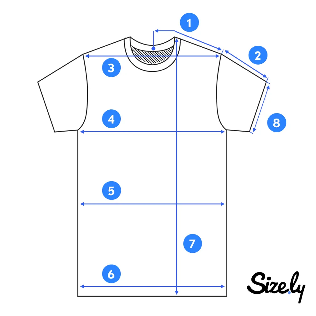 Labeled flat-measurement diagram of a t-shirt showing pit-to-pit, shoulder-to-hem length, and sleeve length, the three points to record for a Poshmark listing