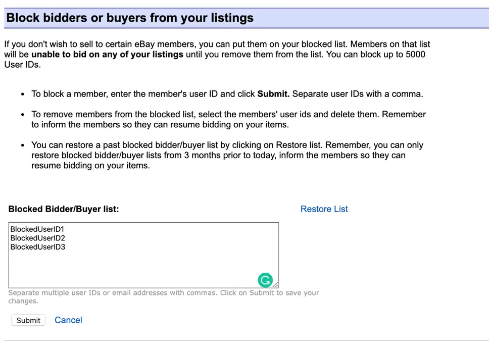 eBay block bidders or buyers page with a text box for entering usernames to block