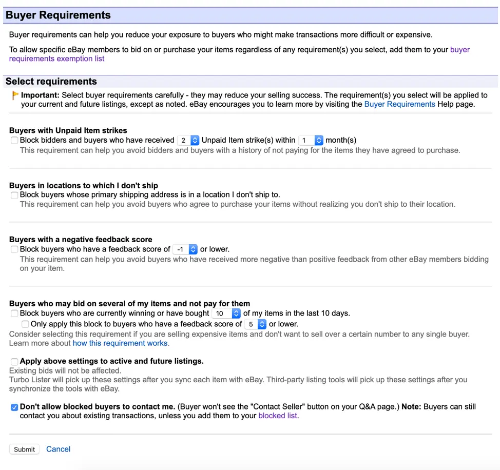 eBay buyer requirements page with checkboxes for blocking buyers by unpaid items, location, and feedback score