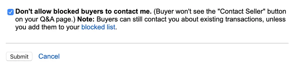 eBay buyer requirements setting to block messages from buyers who are on your blocked list