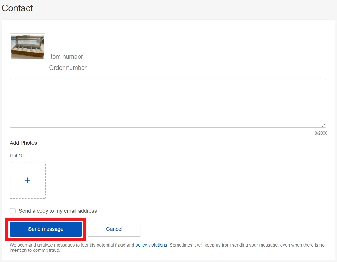 eBay message form a buyer fills in to send a cancellation request to the seller