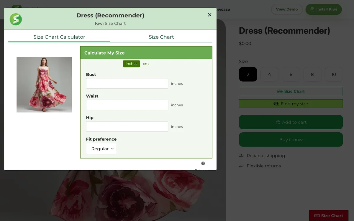 Kiwi Sizing measurement recommender asking bust, waist, and hip measurements on its demo store