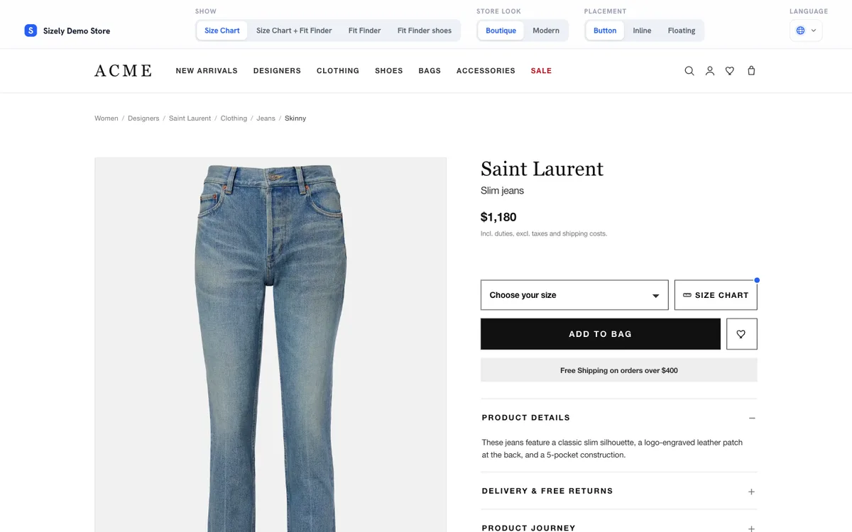 Sizely demo store product page with the size chart trigger next to the size selector