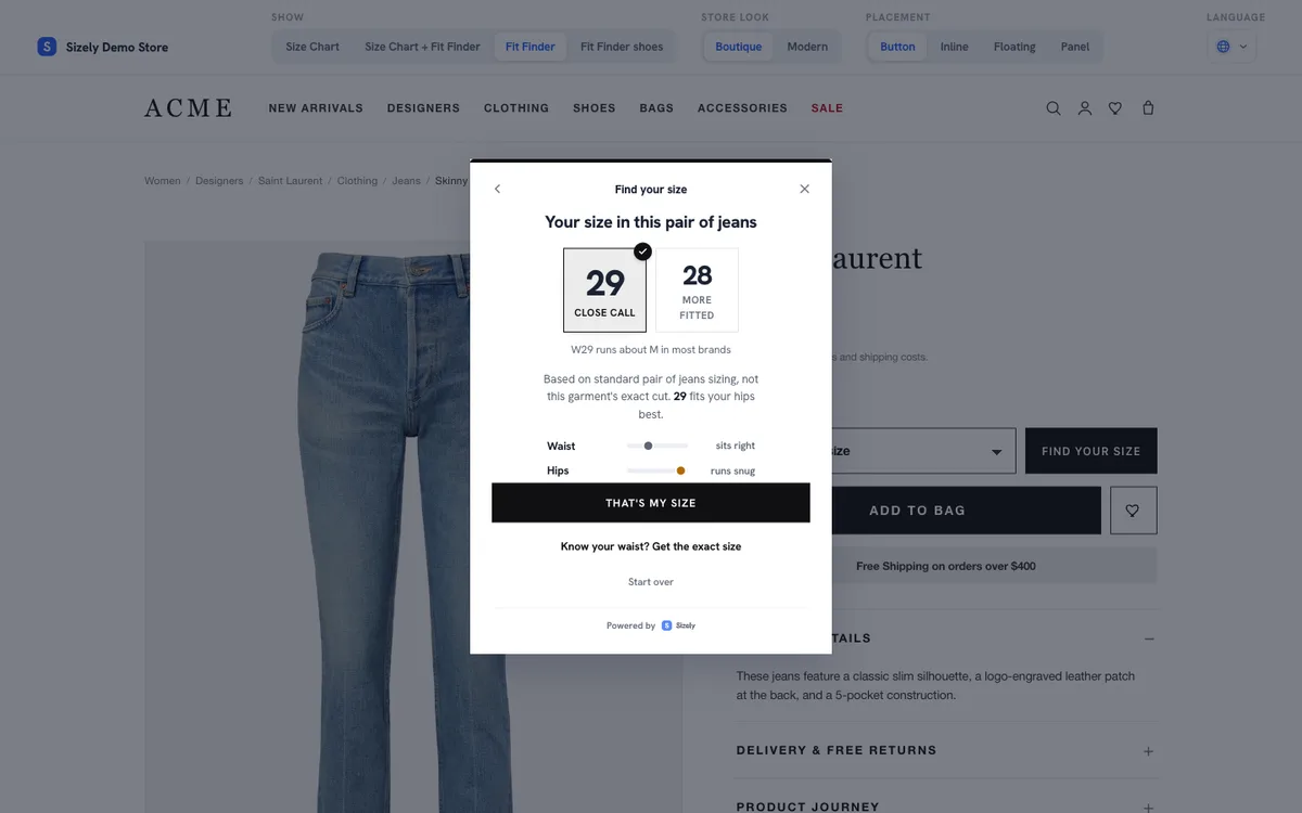 Sizely Apparel Fit Finder recommending a size with a confidence read in the demo store