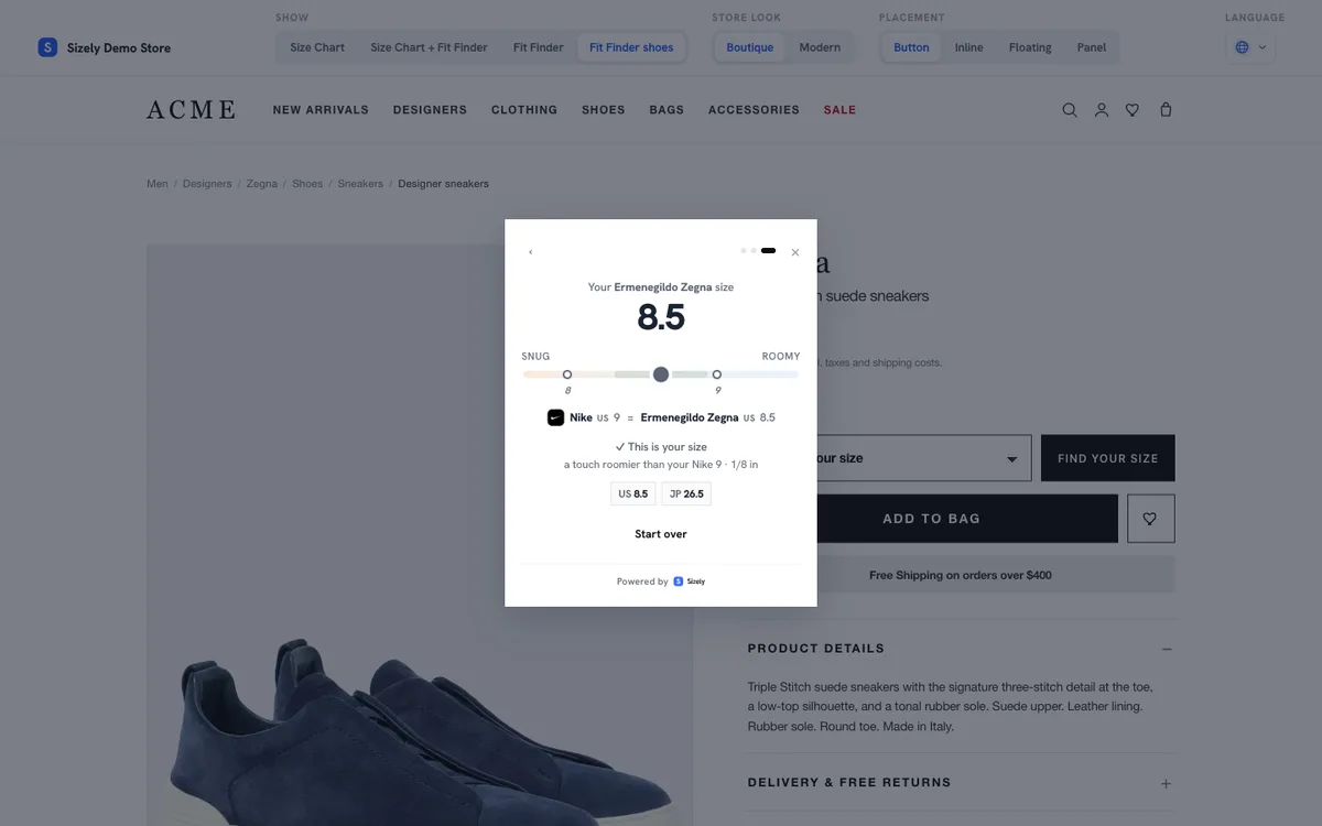 Sizely Shoe Fit Finder converting from an owned Nike size to the store's brand in the demo store