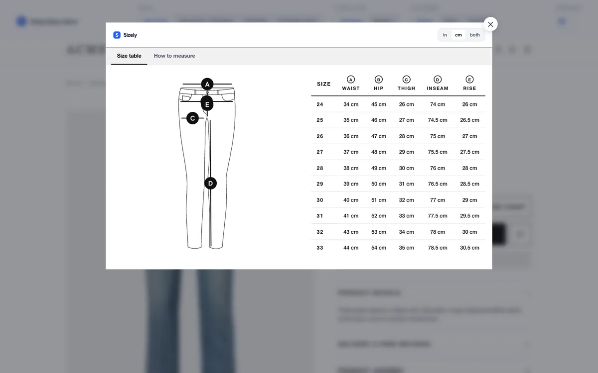 Sizely interactive Size Chart popup with inch and centimeter toggle over a store product page