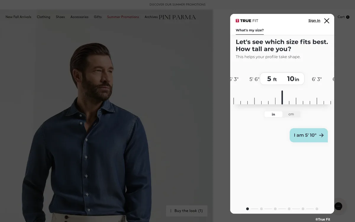 True Fit size finder modal on a Pini Parma product page asking for height and weight