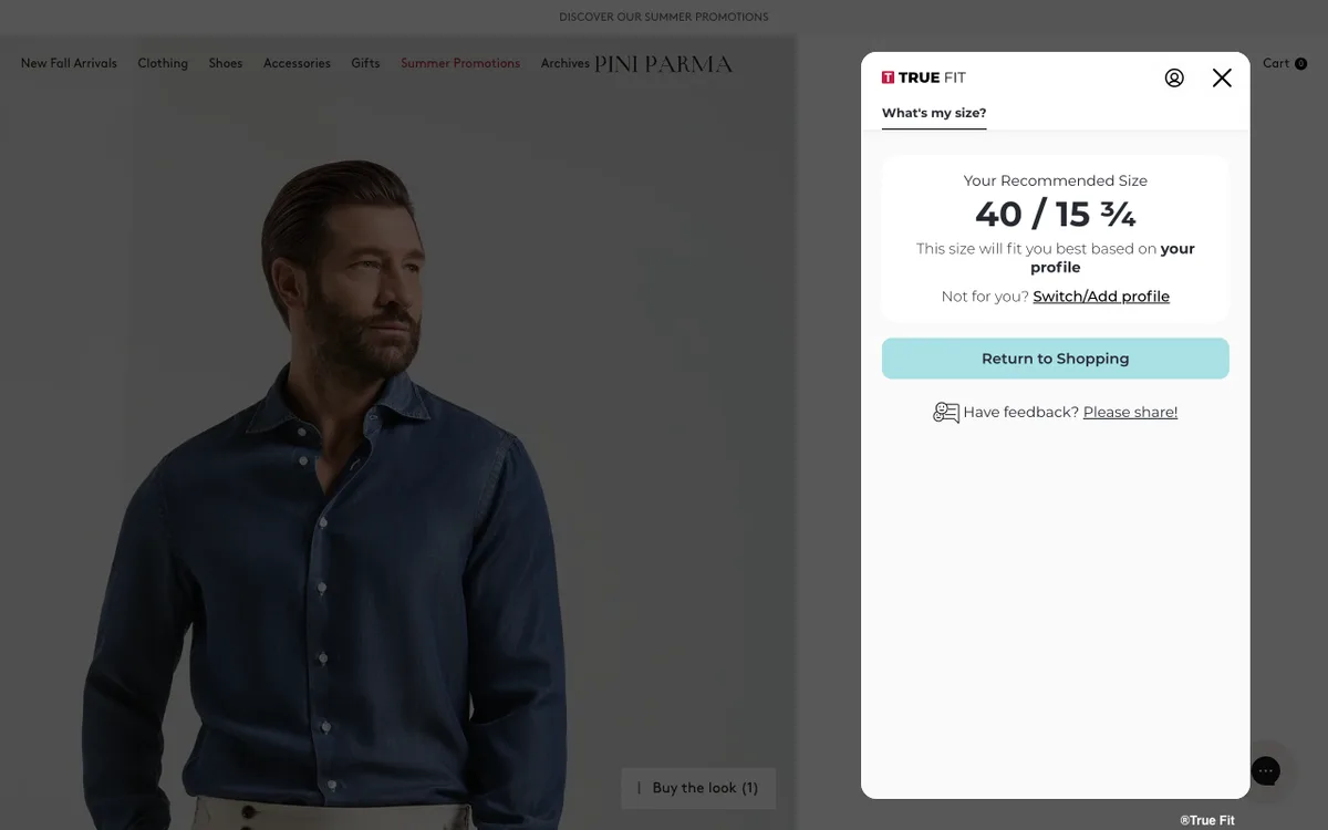 True Fit size recommendation shown next to the size selector on a product page