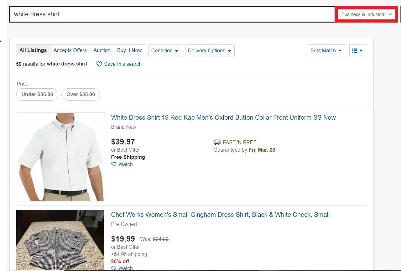 eBay category dropdown set to All Categories beside the main search box