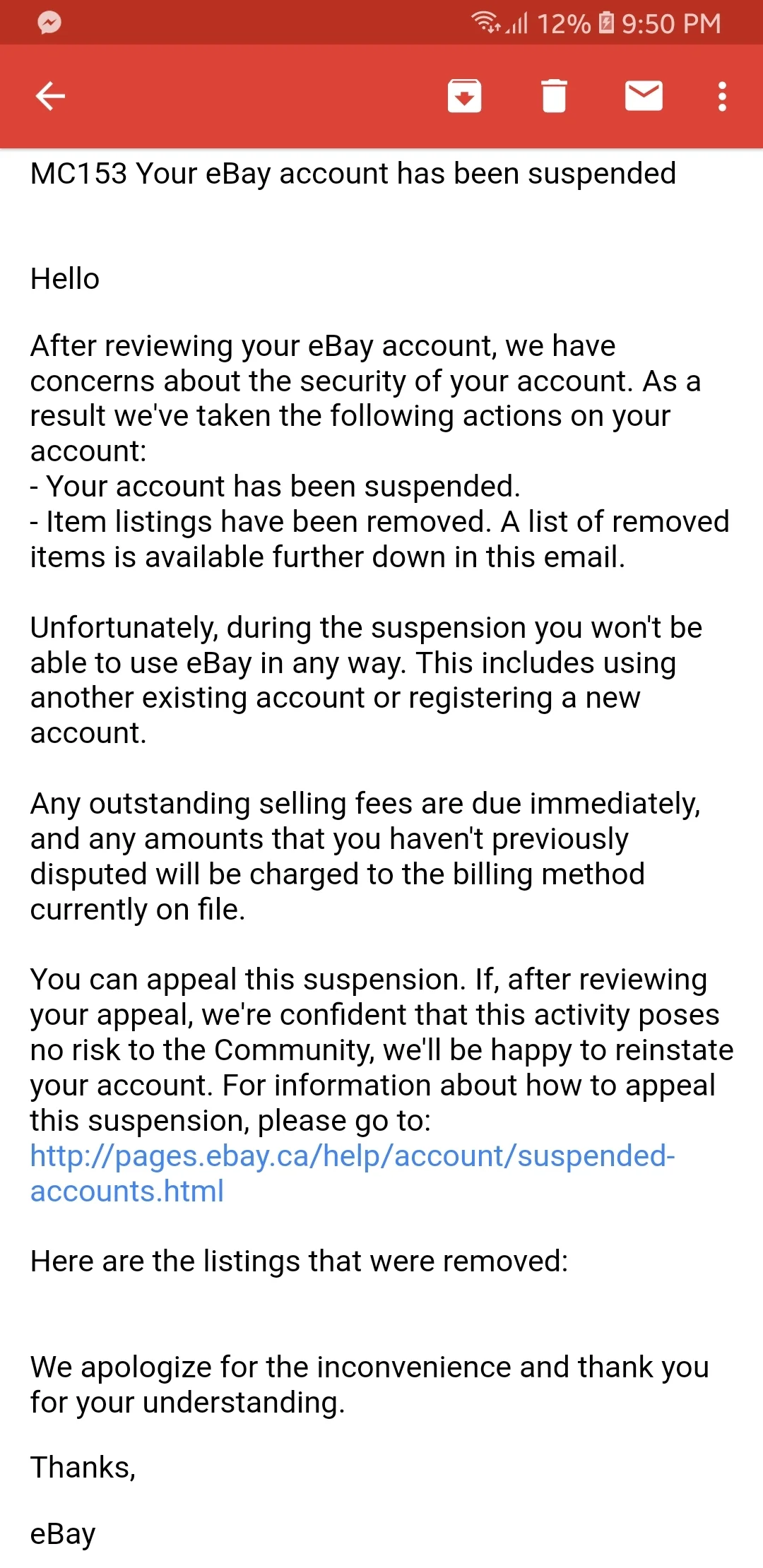 Beispiel einer E-Mail von eBay, die einem Verkäufer die Sperrung seines Kontos mitteilt
