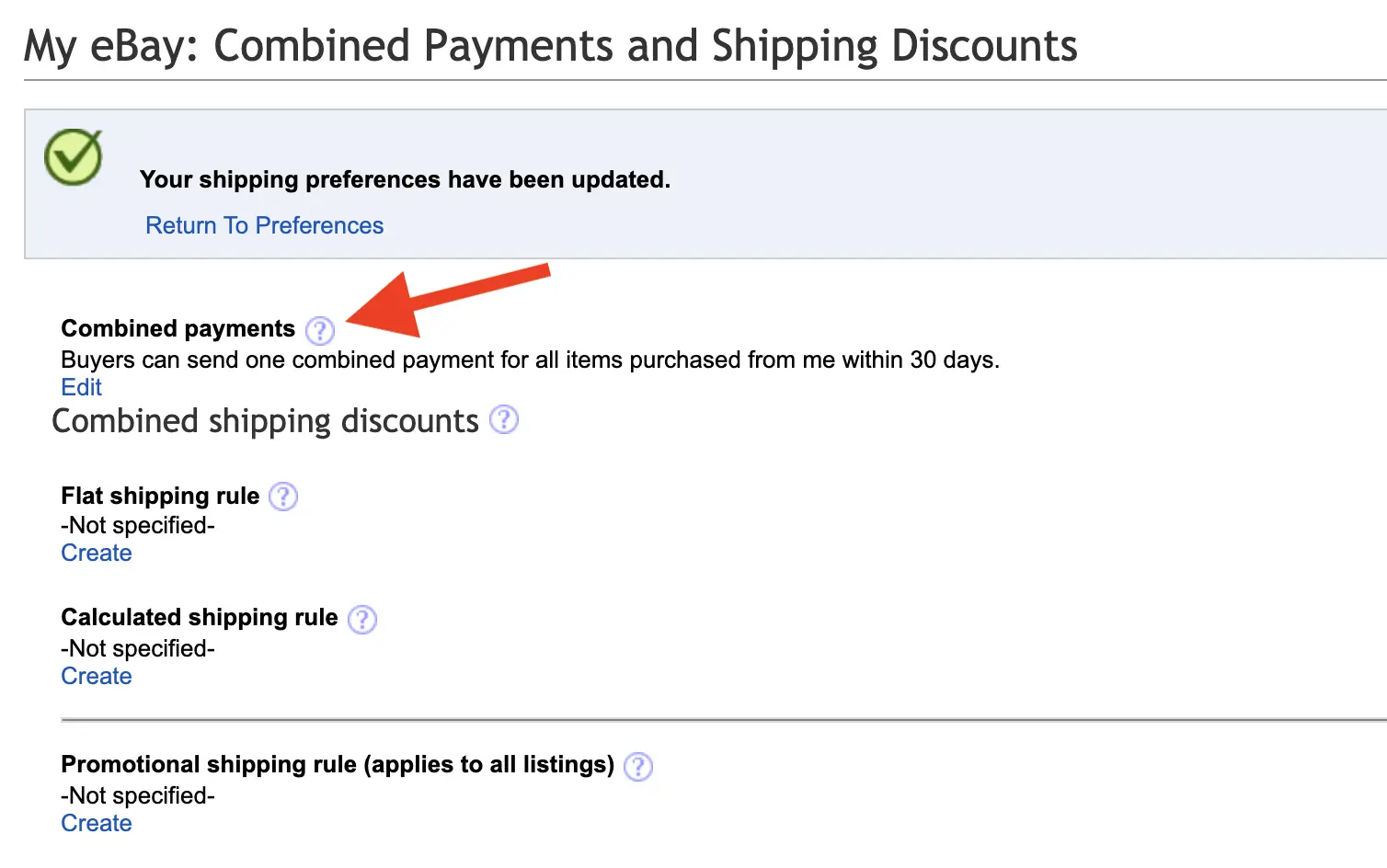 eBay Combined payments and shipping discounts settings page with the allow combined payments option