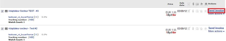 Send invoice button shown next to an unpaid order on the eBay Awaiting payment page