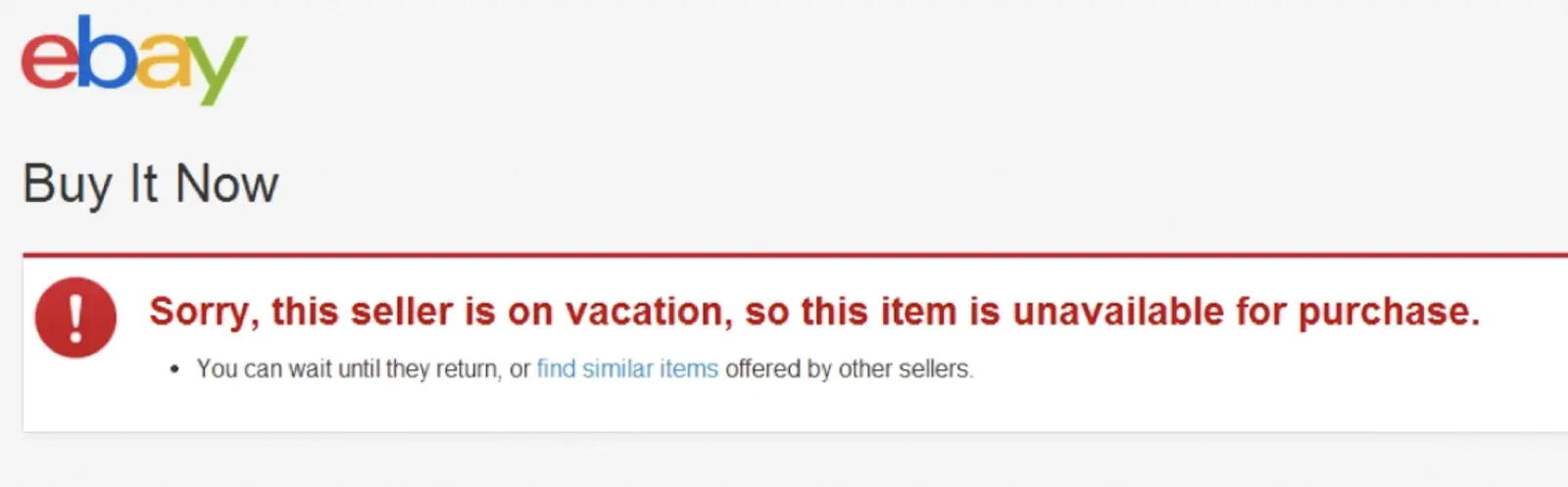 Beispiel einer eBay-Meldung an die kaufende Person: die verkaufende Person ist abwesend und Festpreis-Bestellungen sind pausiert