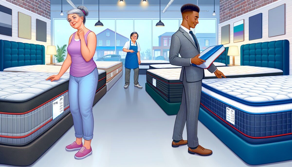 A man and a woman are looking at mattresses in a store