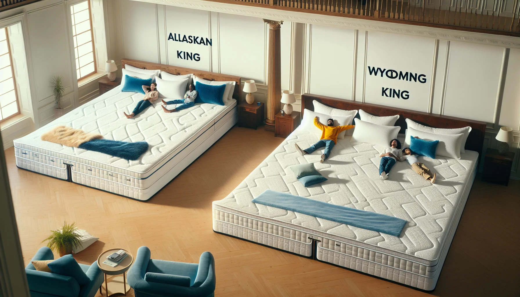A couple of beds sitting next to each other on top of a wooden floor
