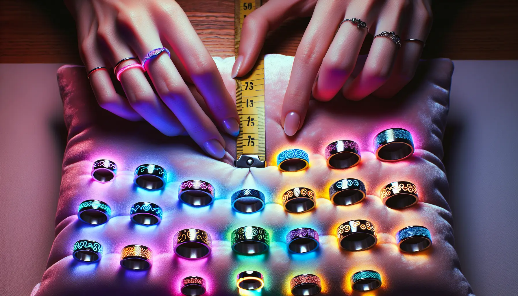 A woman's hands are shown with rings on a cushion