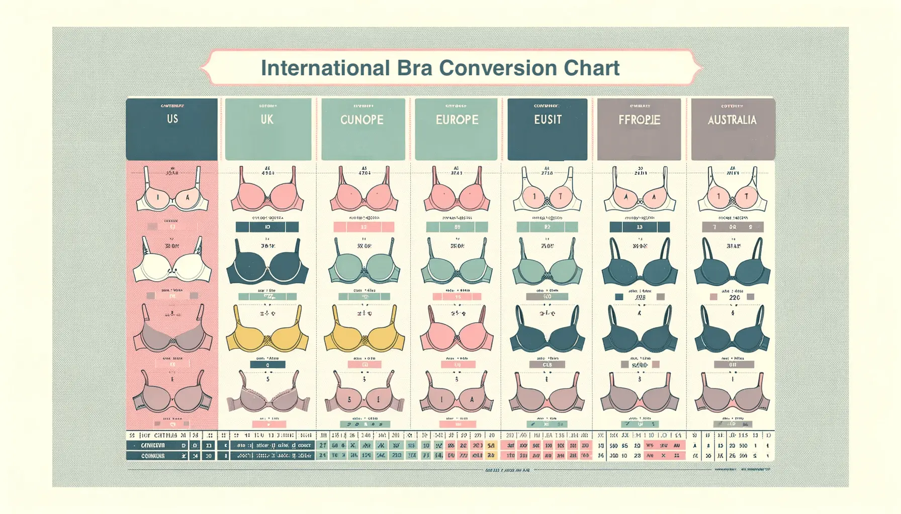 Bra size conversion chart comparing international cup and band sizes
