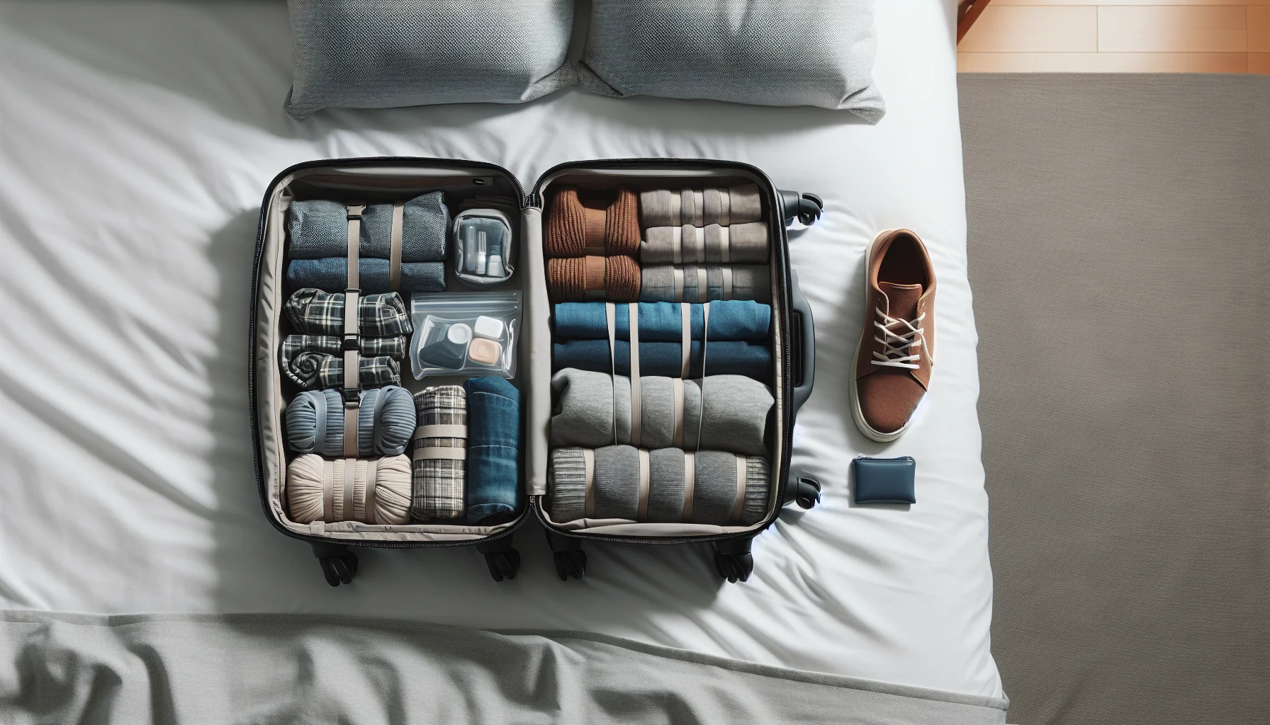 Two suitcases filled with clothes and shoes on a bed