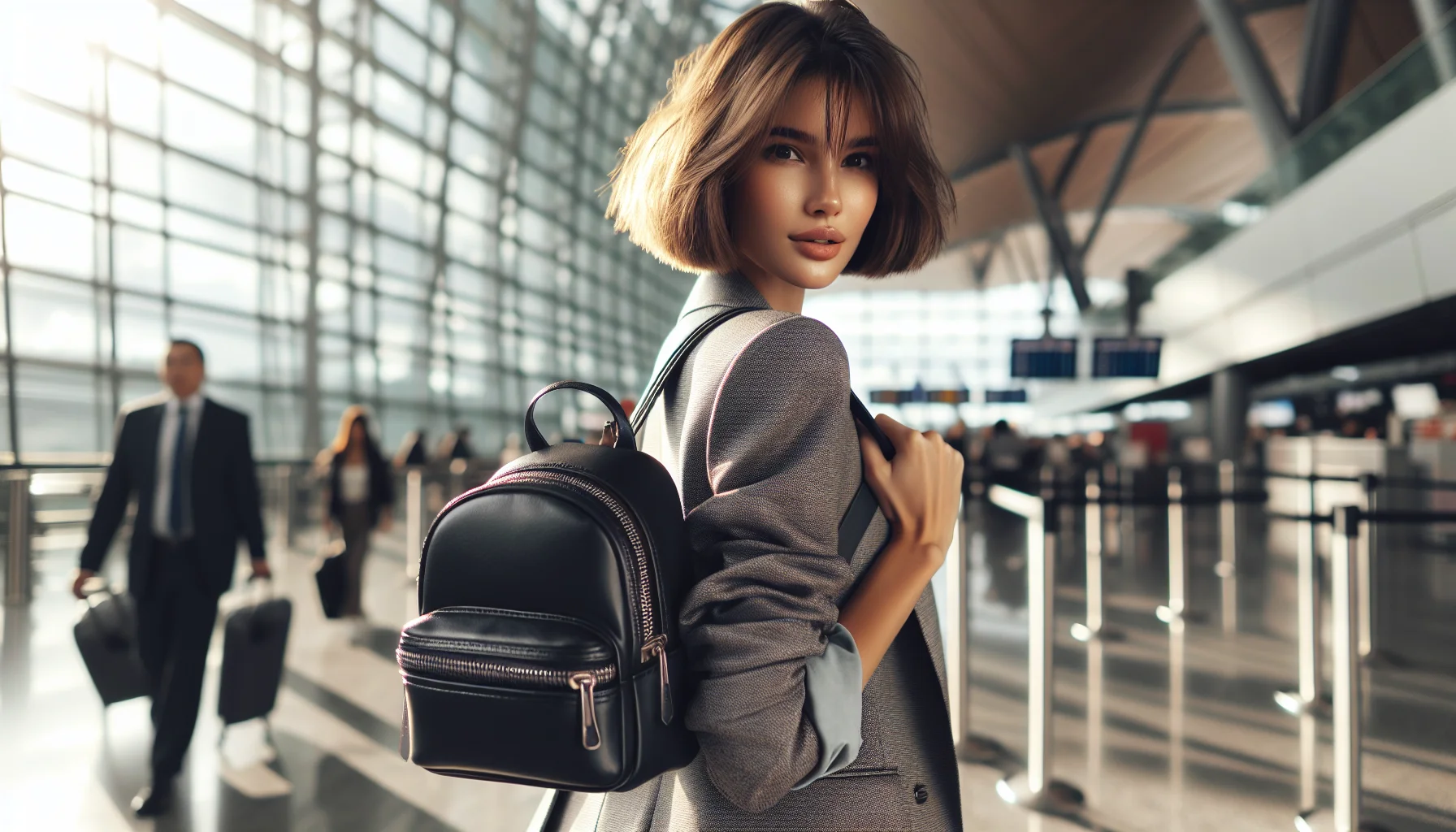 A woman with a backpack is walking through an airport