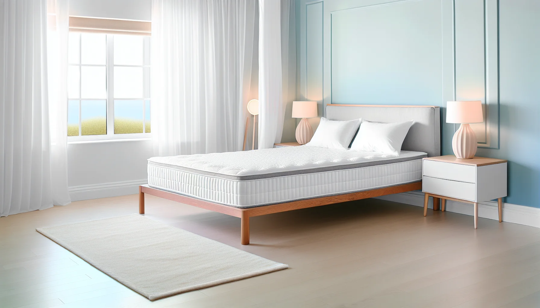 A bedroom with a white bed and a white rug