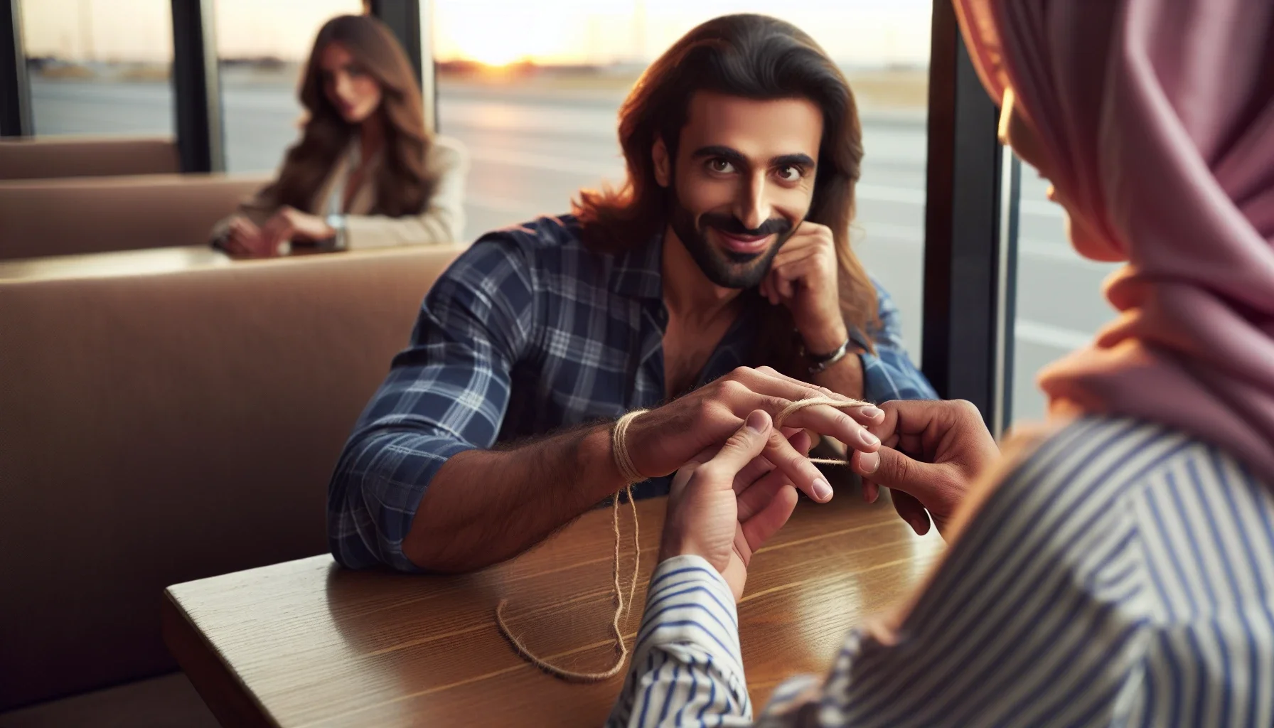 A man sitting at a table talking to a woman