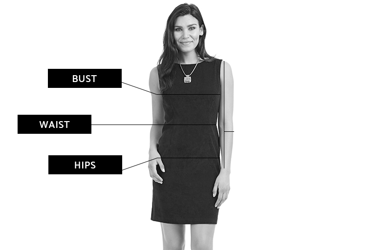 A woman in a black dress is labeled