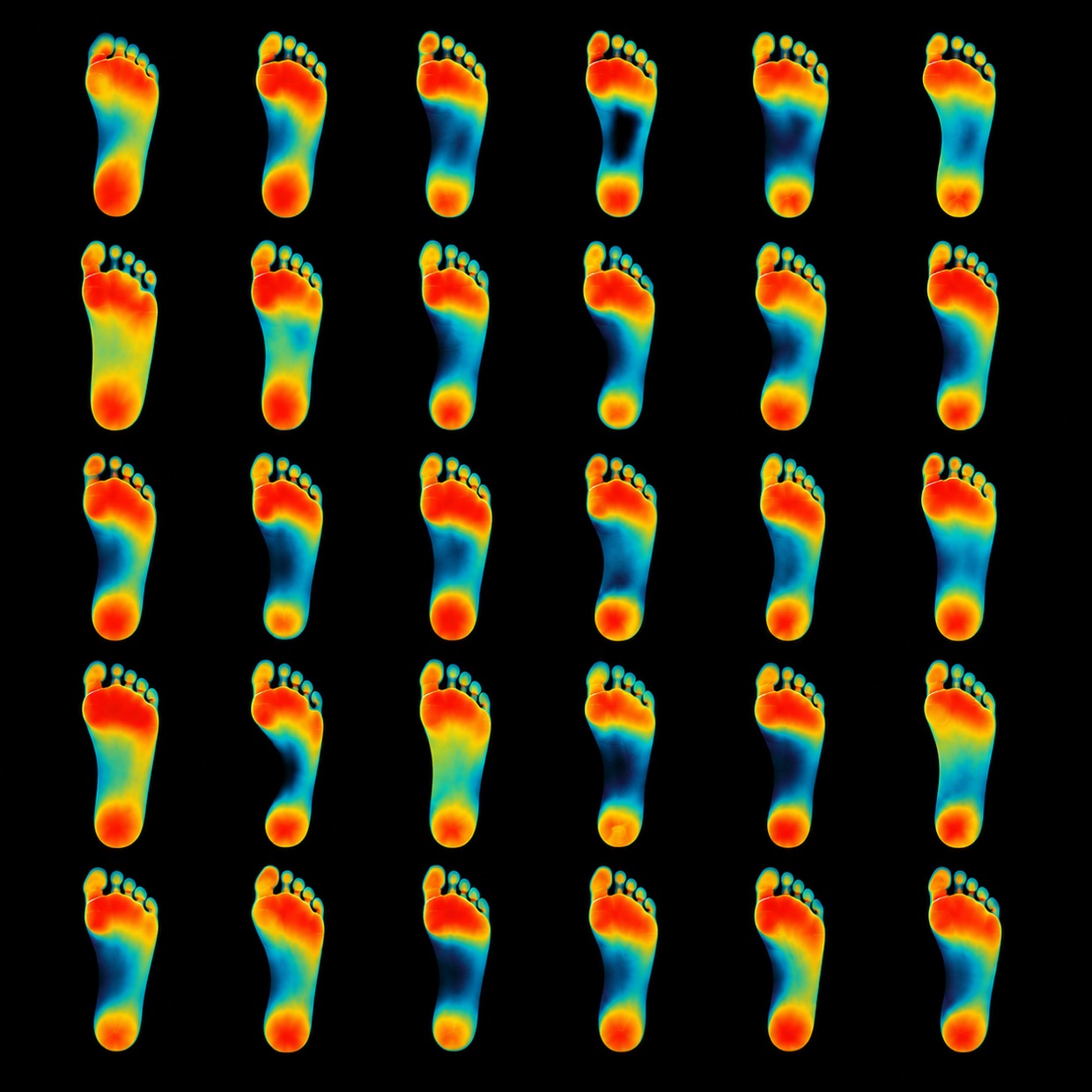 A grid of thermal foot scans showing how differently feet are shaped