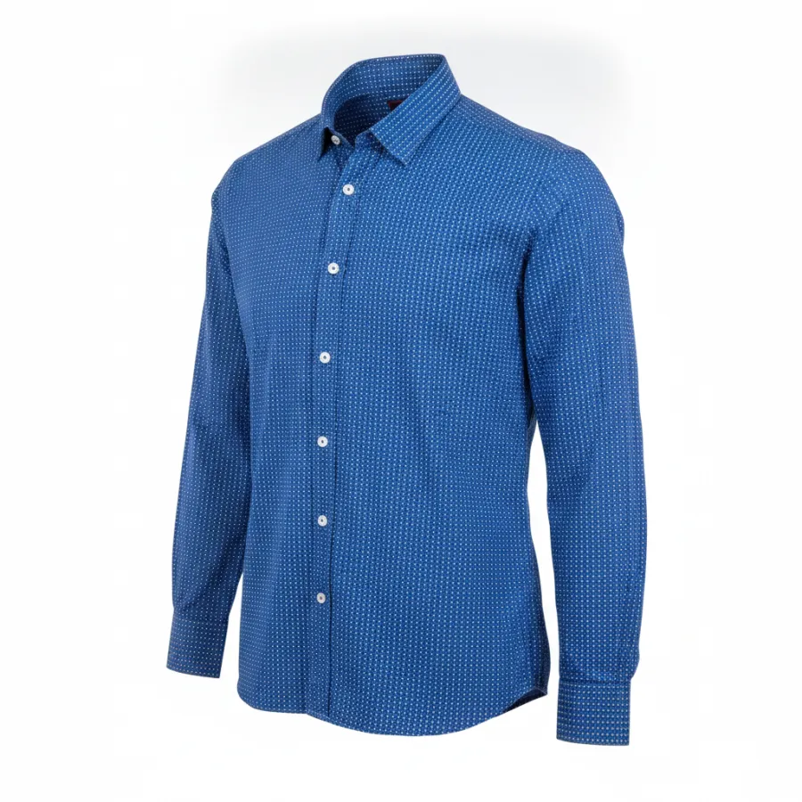 Ghost mannequin three-quarter shot of a blue check shirt