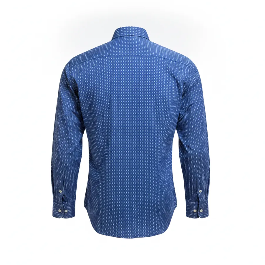 Ghost mannequin back shot of a blue check shirt