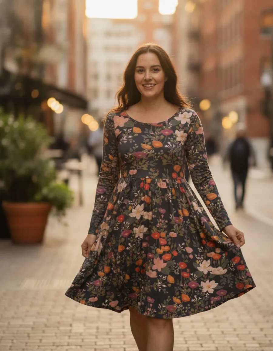 Lifestyle setting shot of a navy floral dress