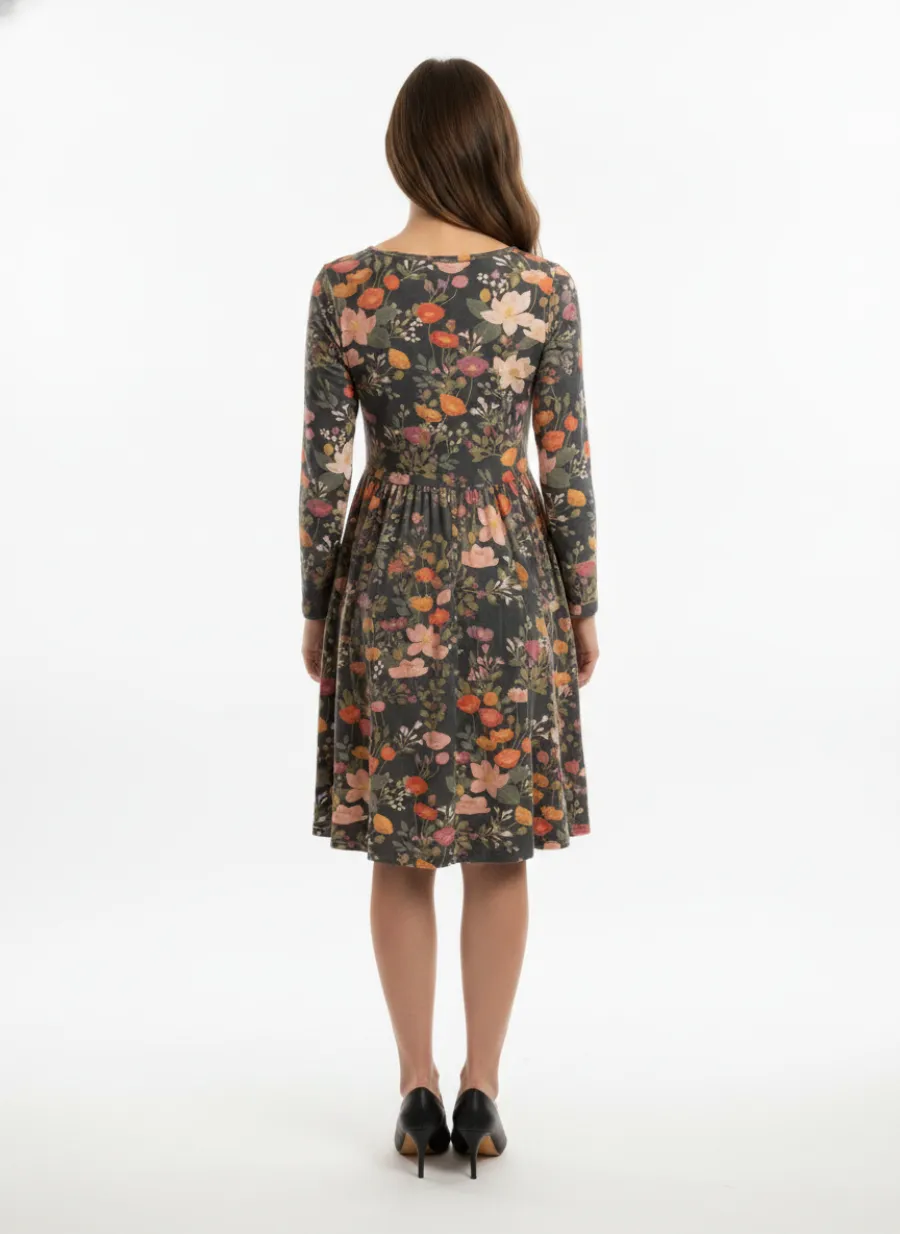 On-model back shot of a navy floral dress