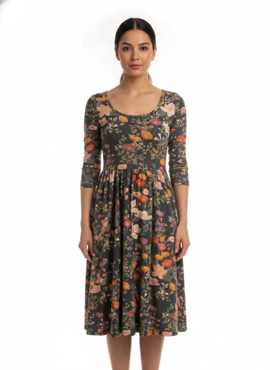 On-model front shot of a navy floral dress
