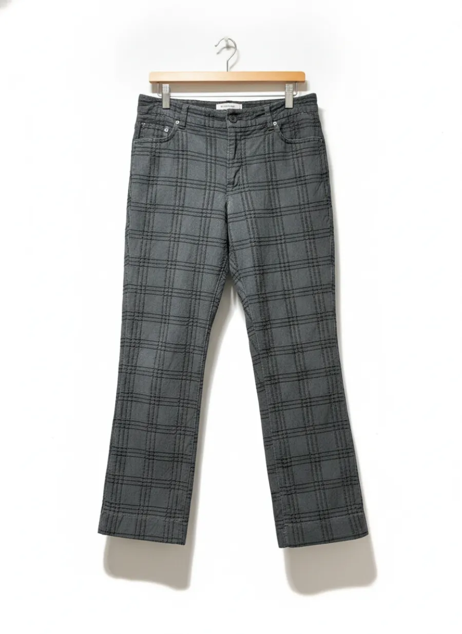 Hanger shot of gray plaid trousers