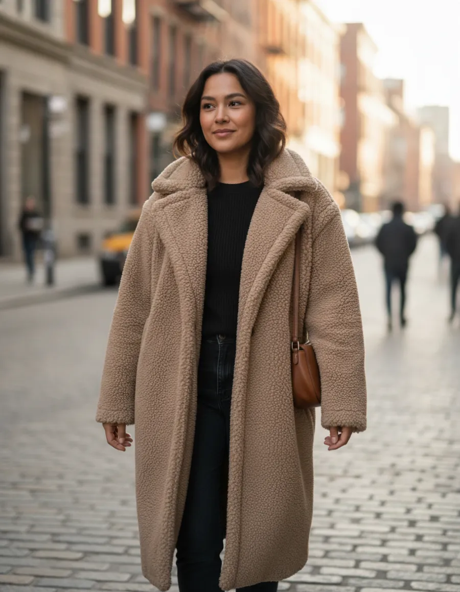 Golden-hour lifestyle shot of a beige teddy coat