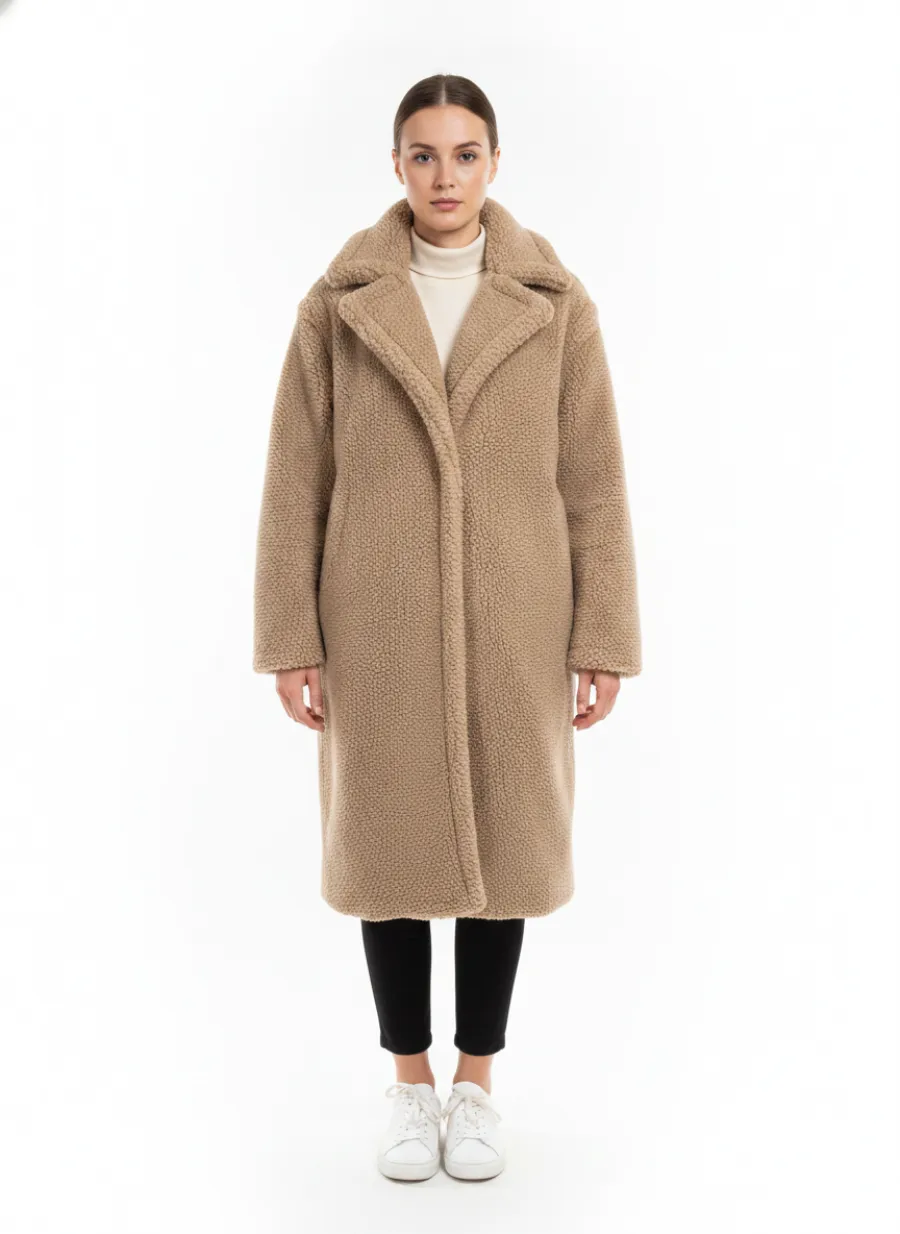Studio model shot of a beige teddy coat made from one phone photo