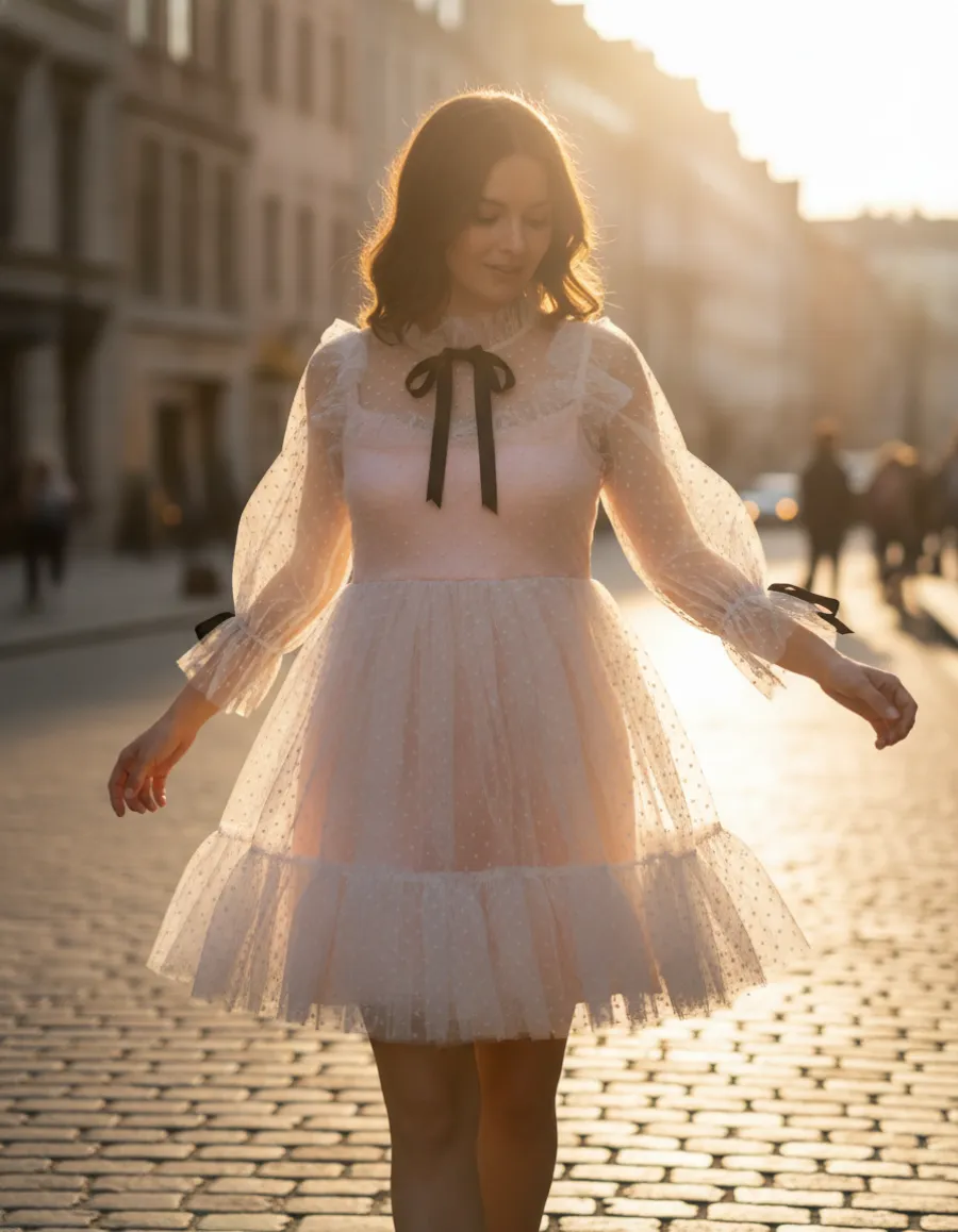 Lifestyle setting shot of a pink tulle dress