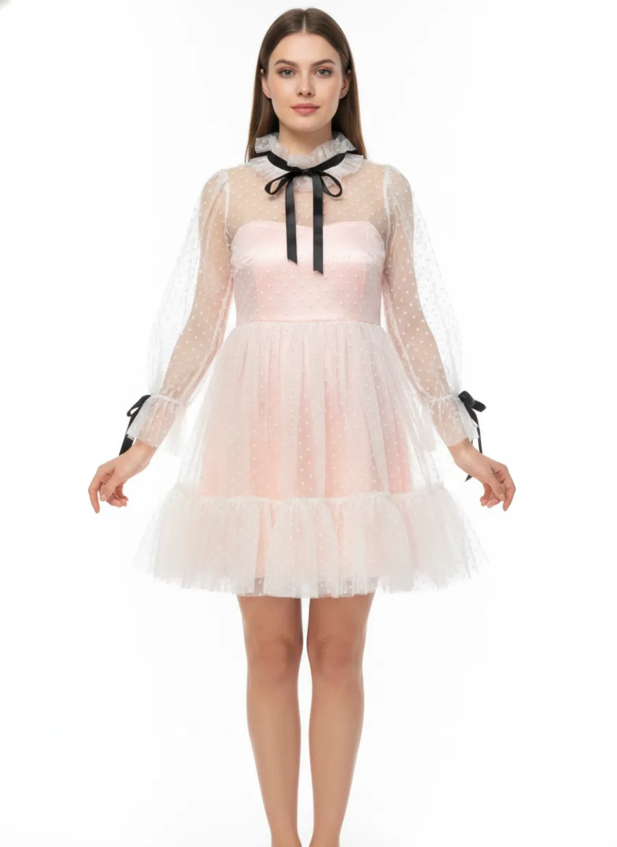 Studio model shot of a pink tulle dress made from one phone photo