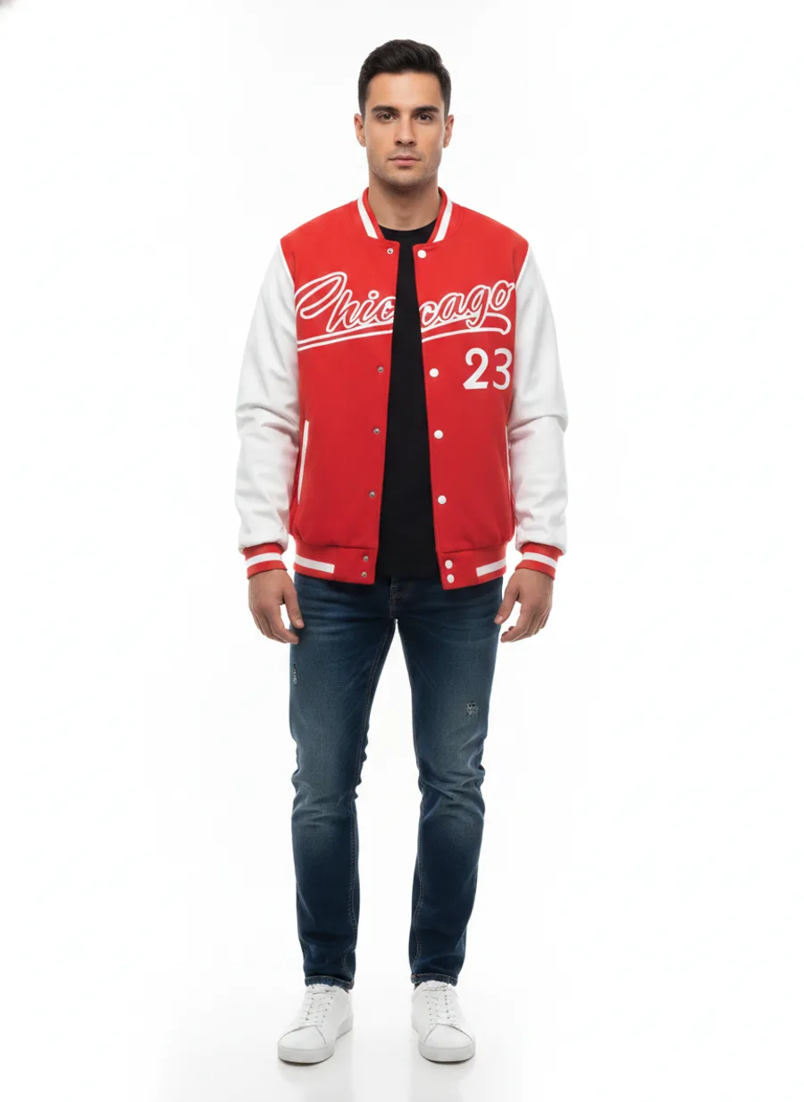 Studio model shot of a red varsity jacket made from one phone photo